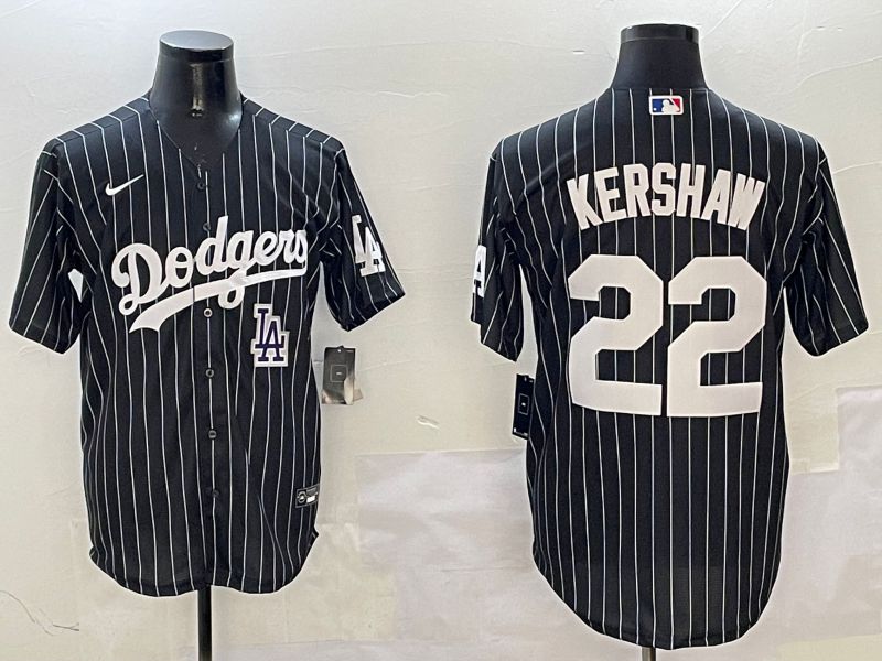 Men Los Angeles Dodgers #22 Kershaw Black Stripe Jointly Name 2025 Nike MLB Jersey style 12